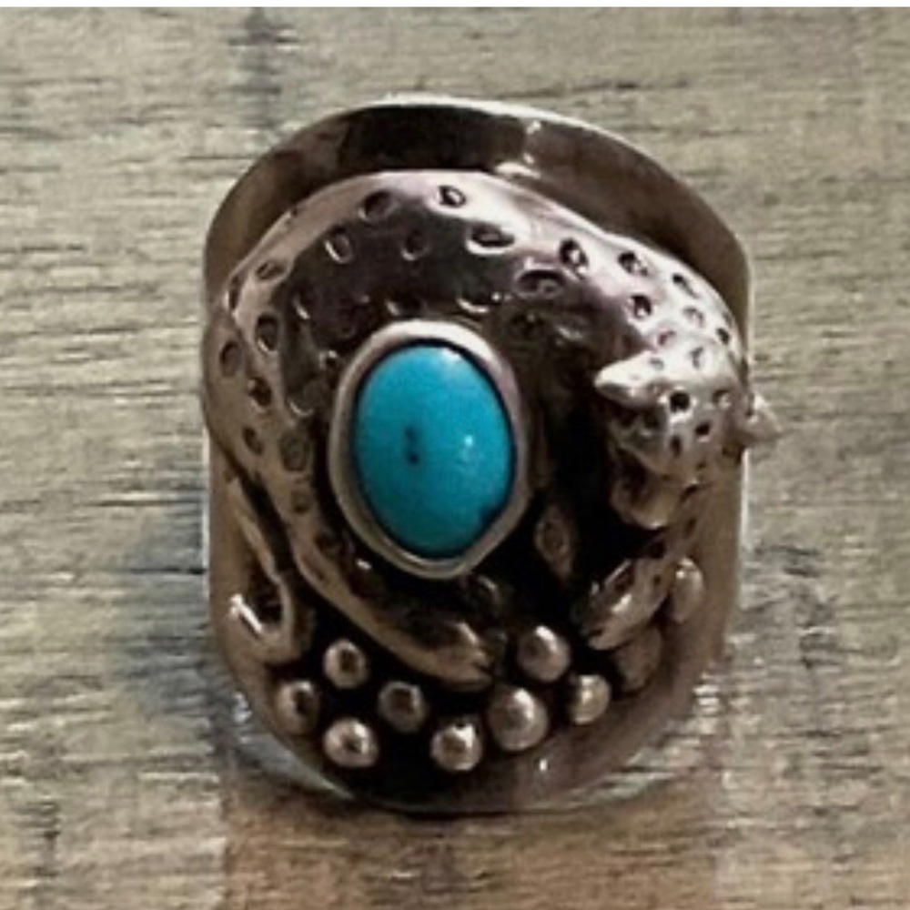 Carol Felley Turquoise Leopard Cheetah Sterling Silver Ring 1989 
Size 7.25